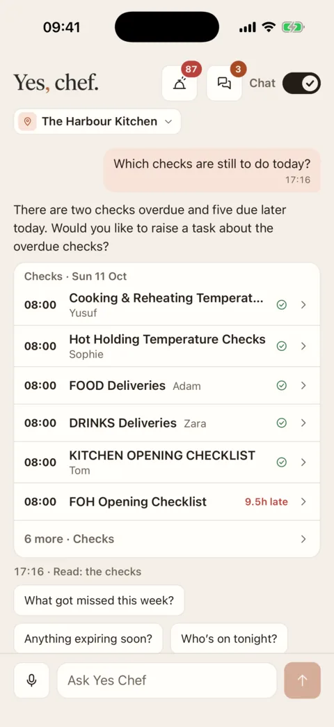 Ask Yes Chef answering “Which checks are still to do today?”: two overdue and five due later, with the day’s checks listed underneath.