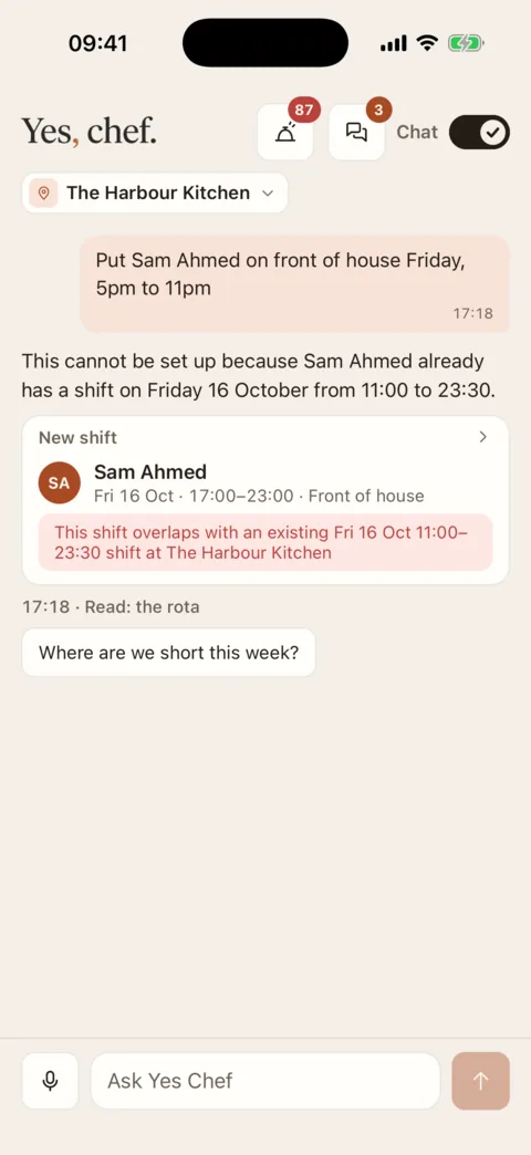 Ask Yes Chef saying a Friday shift for Sam Ahmed cannot be set up, because it overlaps the one he already has from 11:00 to 23:30.