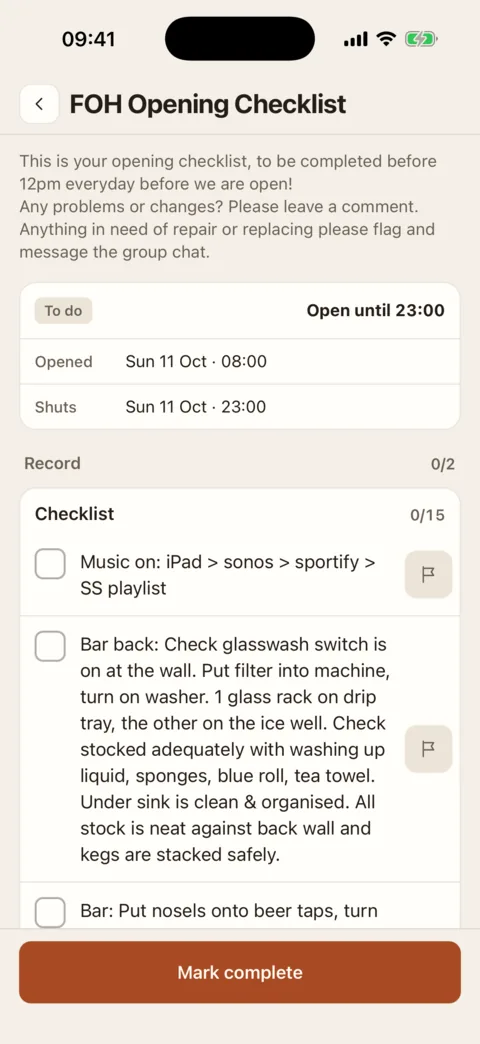 The FOH Opening Checklist, open until 23:00: when it opens and shuts, and its fifteen items to tick.