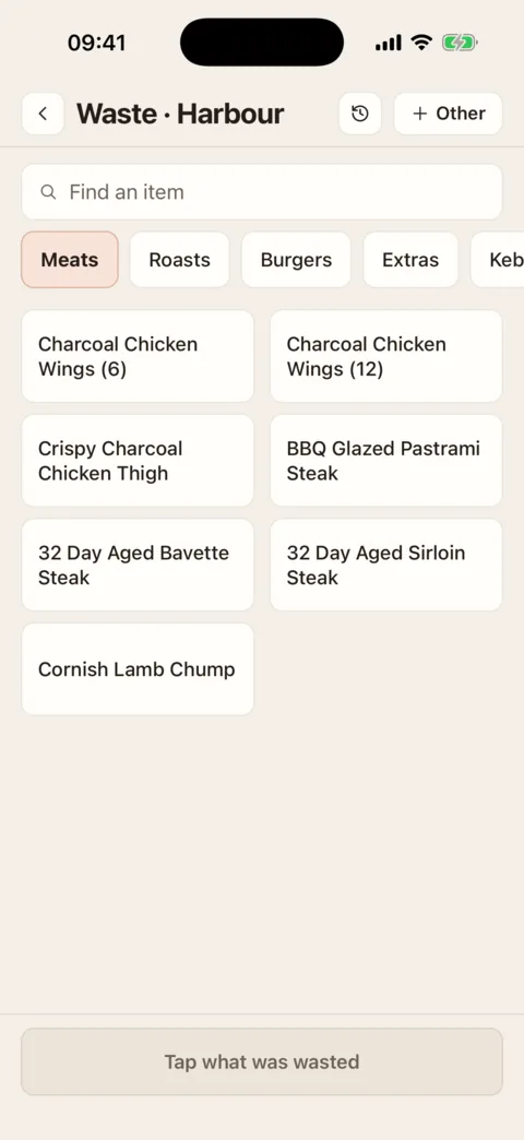 Waste logging: the menu’s items by category, to tap the one that was wasted.