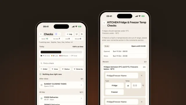 Two iPhones showing Yes Chef: the day’s list of checks, and a fridge and freezer temperature check.