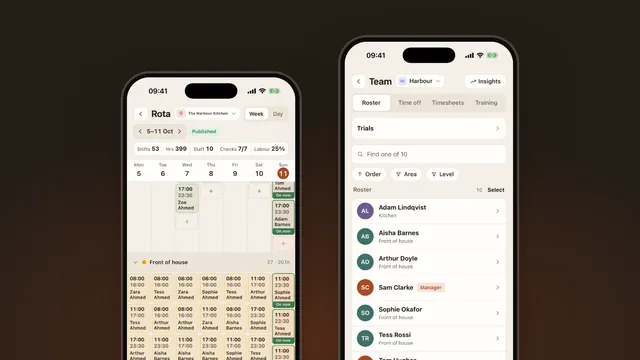 Two iPhones showing Yes Chef: the week’s rota for front of house, and the team list.