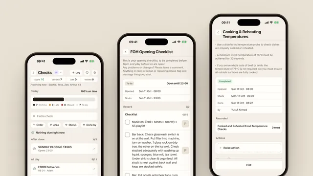 Three iPhones showing Yes Chef’s checks: the day’s list, an opening checklist to tick, and a completed temperature check.